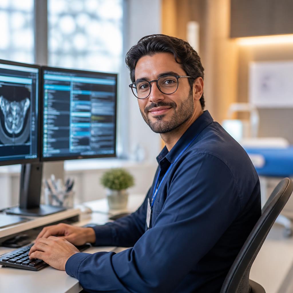 Healthcare IT specialist working at a clinic workstation